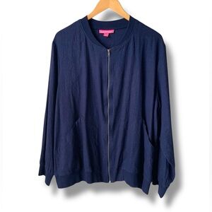 WOMN WITHIN Chambray Zipper Jacket Linen Blend Lightweight  Navy Blue 1X